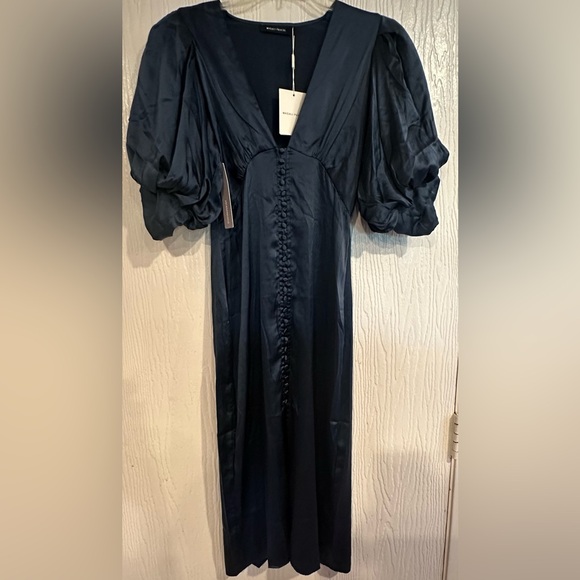 NWT MAGALI PASCAL Navy Baron long dress Puff-Sleeved Midi Dress silk Size M - Picture 4 of 11